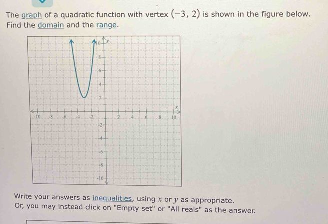 The graph of a quadratic function with vertex (-3,2) is shown in the figure below. 
Find the domain and the range. 
Write your answers as inequalities, using x or y as appropriate. 
Or, you may instead click on "Empty set" or "All reals" as the answer.