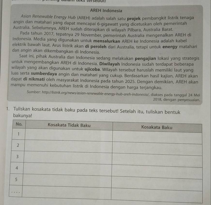 teks tersebut 
AREH Indonesia 
Asian Renewable Energy Hub (AREH) adalah salah satu projek pembangkit listrik tenaga 
angin dan matahari yang dapat mencapai 6 -gigawatt yang dicetuskan oleh pemerintah 
Australia. Sebelumnya, AREH sudah diterapkan di wilayah Pilbara, Australia Barat. 
Pada tahun 2017, tepatnya 29 November, pemerintah Australia mengenalkan AREH di 
Indonesia. Media yang digunakan untuk mensalurkan AREH ke Indonesia adalah kabel 
elektrik bawah laut. Arus listrik akan di peroleh dari Australia, tetapi untuk energy matahari 
dan angin akan dikembangkan di Indonesia. 
Saat ini, pihak Australia dan Indonesia sedang melakukan pengajian lokasi yang strategis 
untuk mengembangkan AREH di Indonesia. Diwilayah Indonesia sudah terdapat beberapa 
wilayah yang akan digunakan untuk ujicoba. Wilayah tersebut haruslah memiliki laut yang 
luas serta sumberdaya angin dan matahari yang cukup. Berdasarkan hasil kajian, AREH akan 
dapat di nikmati oleh masyarakat Indonesia pada tahun 2025. Dengan demikian, AREH akan 
mampu memenuhi kebutuhan listrik di Indonesia dengan harga terjangkau. 
Sumber: http://listrik.org/news/asian-renewable-energy-hub-areh-indonesia/, diakses pada tanggal 24 Mei 
2018, dengan penyesuaian. 
1. Tuliskan kosakata tidak baku pada teks tersebut! Setelah itu, tuliskan bentuk 
bakunya!