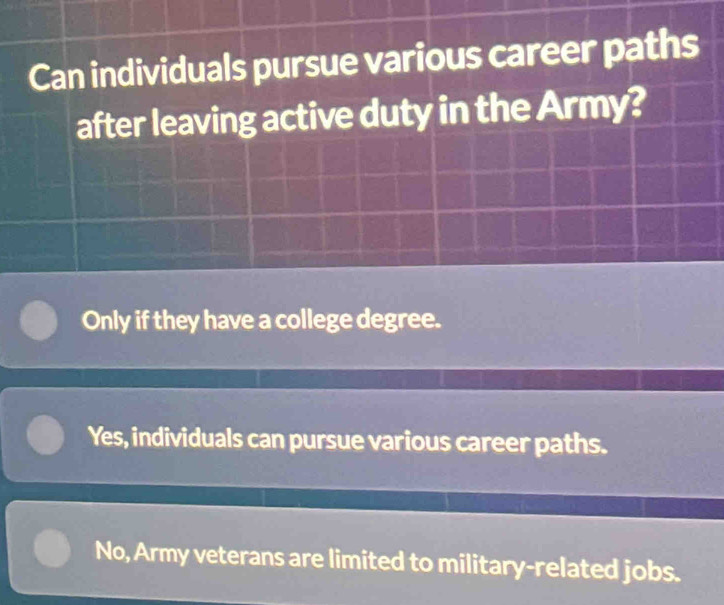 Can individuals pursue various career paths
after leaving active duty in the Army?
Only if they have a college degree.
Yes, individuals can pursue various career paths.
No, Army veterans are limited to military-related jobs.