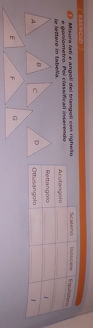 ESERCIZI 
Misura lati e angoli dei triangoli con righell 
e goniometro. Poi classificali inserendo 
le lettere in tabella.