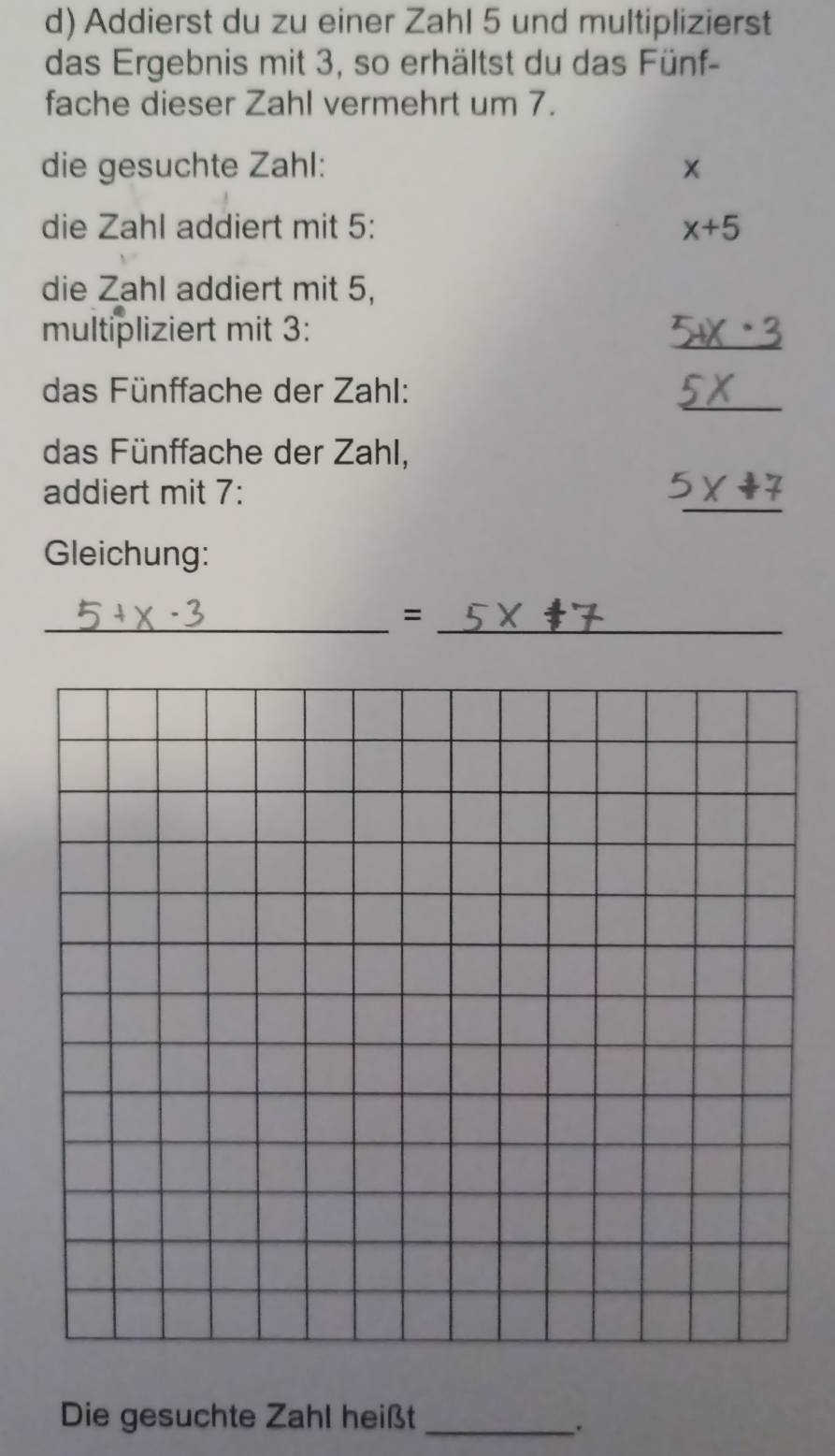 Addierst du zu einer Zahl 5 und multiplizierst 
das Ergebnis mit 3, so erhältst du das Fünf- 
fache dieser Zahl vermehrt um 7. 
die gesuchte Zahl: × 
die Zahl addiert mit 5 : x+5
die Zahl addiert mit 5, 
multipliziert mit 3 : 
_ 
das Fünffache der Zahl: 
_ 
das Fünffache der Zahl, 
_ 
addiert mit 7 : 
Gleichung: 
__= 
Die gesuchte Zahl heißt_ 
.