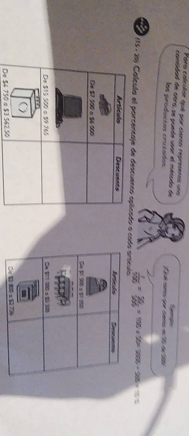 Para calcuar qué por ciento represento una
cantdad de atra, se puede usar el misada de
Eypher
los productos cruzades. Qoé tomo por cemo e 'Ja de 190
 y/100 = 50/500 =100* 50=500+500=10
*(15 - 20) Calcula el porcentaje de descuento o a cada arsculo
 
De $4 750 a $3 $62