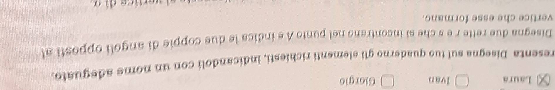 ( Laura Ivan Giorgio 
resenta Disegna sul tuo quaderno gli elementi richiesti, indicandoli con un nome adeguato. 
Disegna due rette r e s che si incontrano nel punto A e indica le due coppie di angoli opposti al 
vertice che esse formano.