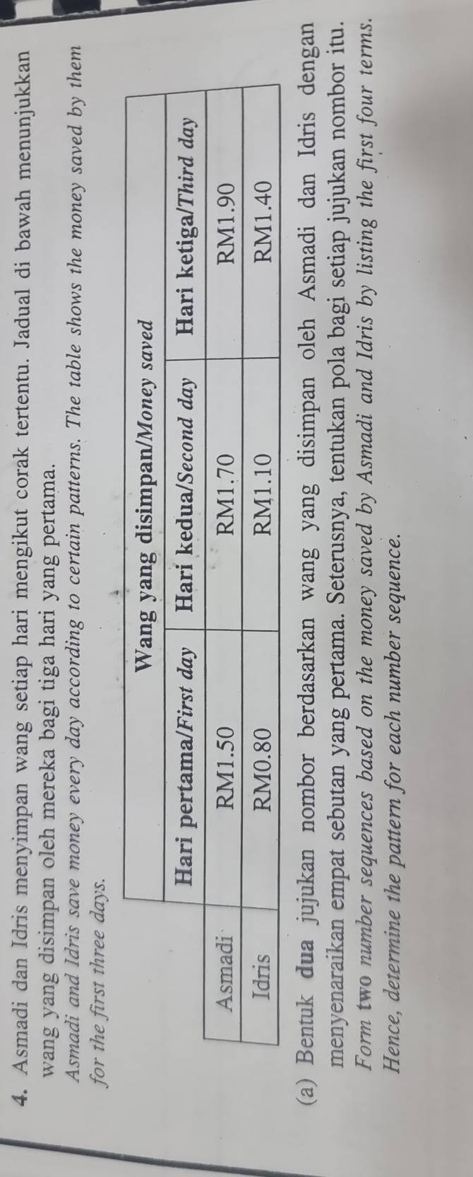 Asmadi dan Idris menyimpan wang setiap hari mengikut corak tertentu. Jadual di bawah menunjukkan 
wang yang disimpan oleh mereka bagi tiga hari yang pertama. 
Asmadi and Idris save money every day according to certain patterns. The table shows the money saved by them 
for the first three days. 
(a) Bentuk dua jujukan nombor berdasarkan wang yang disimpan oleh Asmadi dan Idris dengan 
menyenaraikan empat sebutan yang pertama. Seterusnya, tentukan pola bagi setiap jujukan nombor itu. 
Form two number sequences based on the money saved by Asmadi and Idris by listing the first four terms. 
Hence, determine the pattern for each number sequence.