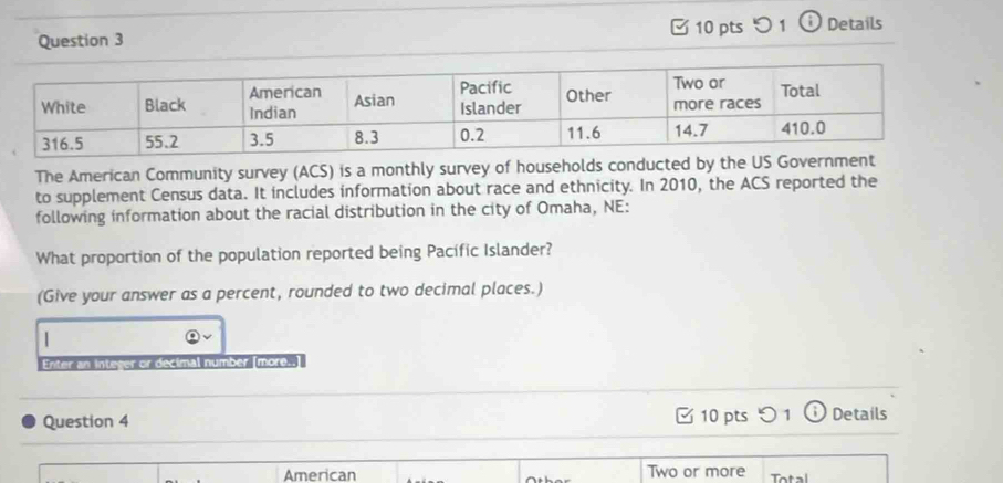 つ 1 ⓘ Details 
The American Community survey (ACS) is a monthly survey of households conducted by the US G 
to supplement Census data. It includes information about race and ethnicity. In 2010, the ACS reported the 
following information about the racial distribution in the city of Omaha, NE: 
What proportion of the population reported being Pacífic Islander? 
(Give your answer as a percent, rounded to two decimal places.) 
| 
Enter an integer or decimal number [more..] 
Question 4 10 pts 1 ① Details 
American Two or more Total