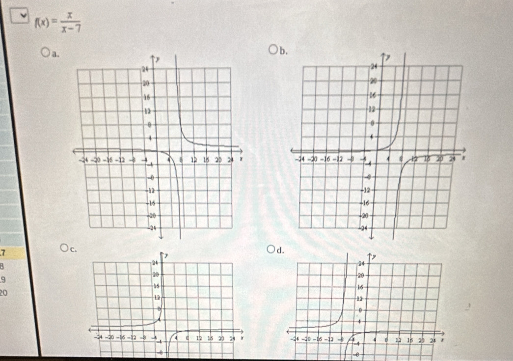 f(x)= x/x-7 
a.

7
C.
y
d.
y
8
24
24
9
20
20
16
16
20
12
12
a
4
-24 -20 -16 -12 -3 -4 -4 4 ε 12 15 20 24 x -24 -20 -16 -12 -8 X 4 12 16 20 24 x
-0
-6