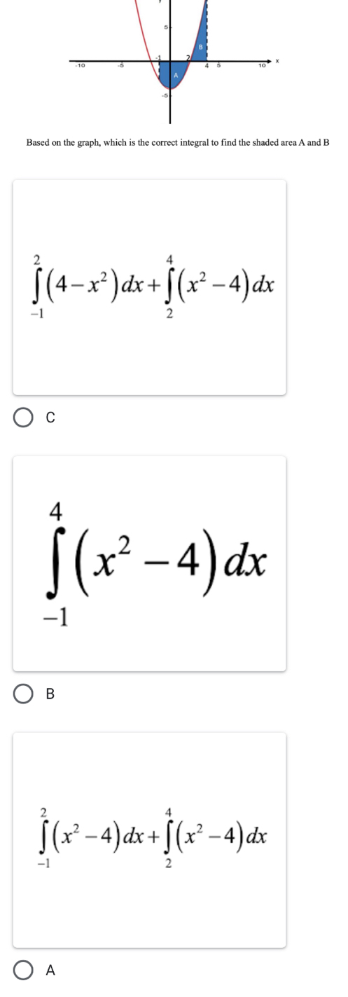 Based A and B
∈tlimits _(-1)^2(4-x^2)dx+∈tlimits _2^(4(x^2)-4)dx
C
∈tlimits _(-1)^4(x^2-4)dx
B
∈tlimits _(-1)^2(x^2-4)dx+∈tlimits _2^(4(x^2)-4)dx
A