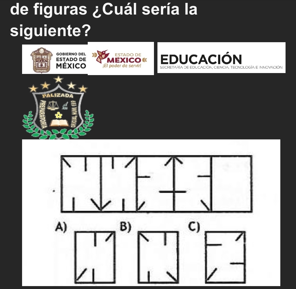 de figuras ¿Cuál sería la
siguiente?
GOBIERNO DEL ESTADO DE
ESTADO DE México« EDUCACIÓN
México ;El poder de servir! SECRETARÍA DE EDUCACIÓN, CIENCIA, TECNOLOGÍA E INNOVACIÓN
PALIZADA
A)
B)
C)