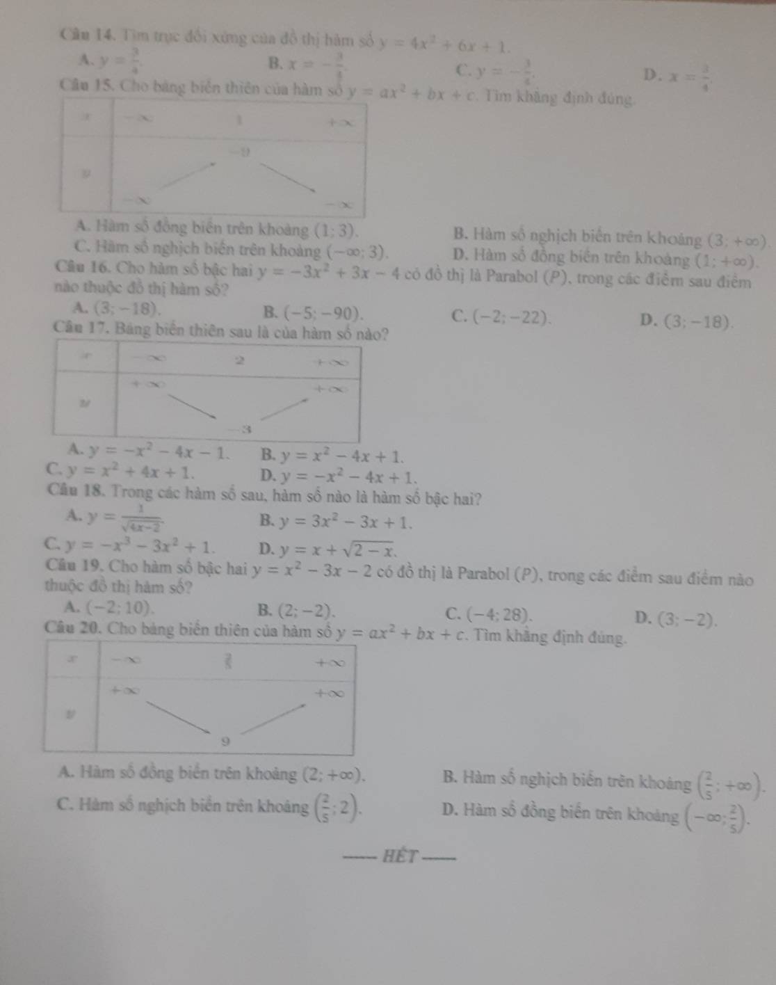 Cầu 14. Tìm trực đối xứng của đồ thị hàm số y=4x^2+6x+1.
B.
A. y= 3/4  x=- 3/4  C. y=- 3/x . D. x= 3/4 
Câu 15. Cho bảng y=ax^2+bx+c Tim khãng định đúng
số đồng biến trên khoàng (1;3). B. Hàm số nghịch biến trên khoảng (3;+∈fty ).
C. Hàm số nghịch biến trên khoảng (-∈fty ;3). D. Hàm số đồng biên trên khoảng (1;+∈fty ).
Câu 16. Cho hàm số bậc hai y=-3x^2+3x-4 có đồ thị là Parabol (P), trong các điểm sau điểm
nào thuộc đỗ thị hàm số?
A. (3;-18). B. (-5;-90). C. (-2;-22). D. (3;-18).
Cầu 17. Bảng biển thiên sa
y=-x^2-4x-1. B. y=x^2-4x+1.
C. y=x^2+4x+1. D. y=-x^2-4x+1.
Cầu 18. Trong các hàm số sau, hàm số nào là hàm số bậc hai?
A. y= 1/sqrt(4x-2) 
B. y=3x^2-3x+1.
C. y=-x^3-3x^2+1. D. y=x+sqrt(2-x).
Câu 19. Cho hàm số bậc hai y=x^2-3x-2 có đồ thị là Parabol (P), trong các điểm sau điểm nào
thuộc đồ thị hàm số?
B.
A. (-2;10). (2;-2). C. (-4;28). D. (3;-2),
Câu 20. Cho bảng biên thiên của hàm số y=ax^2+bx+c. Tìm khẳng định đúng.
A. Hàm số đồng biển trên khoảng (2;+∈fty ). B. Hàm số nghịch biển trên khoảng ( 2/5 ;+∈fty ).
C. Hàm số nghịch biến trên khoảng ( 2/5 ;2).
D. Hàm số đồng biến trên khoảng (-∈fty ; 2/5 ).
_Hết_