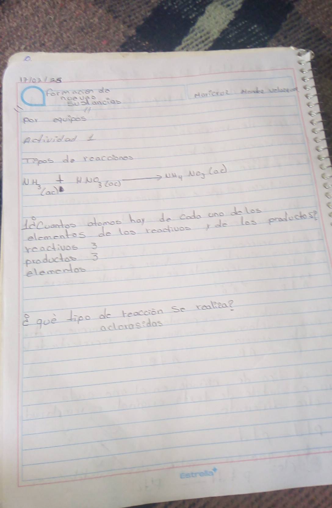 form acion de 
Haricroe Nende velaston 
noeug ancias 6051
por equipes 
actividad 1 
Tgoos do reacciones 
N H_3+HNO_3(ac)to NH_4NO_3(ac)
1dCuantos atomos hay de coda ono dolos 
elementos de los reacivos rde los productos? 
reactivos 3
productos 3
elementos 
8 gue tipo do reacion se reakza? 
aclorasidas