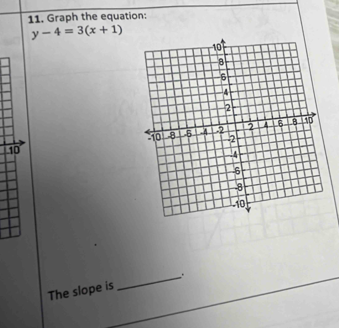 Graph the equation:
y-4=3(x+1)
10 
_. 
The slope is