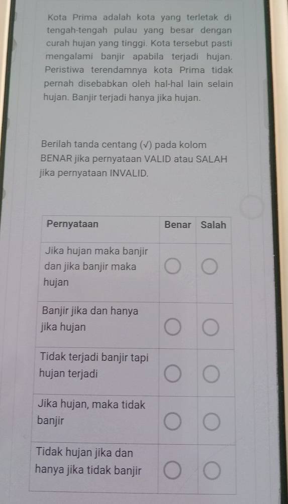 Kota Prima adalah kota yang terletak di 
tengah-tengah pulau yang besar dengan 
curah hujan yang tinggi. Kota tersebut pasti 
mengalami banjir apabila terjadi hujan. 
Peristiwa terendamnya kota Prima tidak 
pernah disebabkan oleh hal-hal lain selain 
hujan. Banjir terjadi hanya jika hujan. 
Berilah tanda centang (√) pada kolom 
BENAR jika pernyataan VALID atau SALAH 
jika pernyataan INVALID.