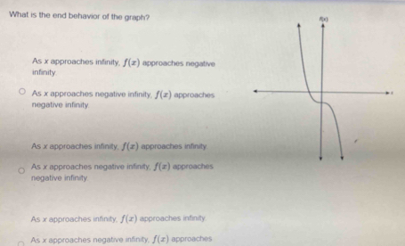 What is the end behavior of the graph?
As x approaches infinity. f(x) approaches negative
infinity
As x approaches negative infinity, f(x) approaches
negative infinity
As x approaches infinity f(x) approaches infinity
As x approaches negative infinity, f(x) approaches
negative infinity
As x approaches infinity. f(x) approaches infinity
As x approaches negative infinity, f(x) approaches