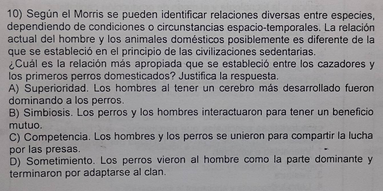 Según el Morris se pueden identificar relaciones diversas entre especies,
dependiendo de condiciones o circunstancias espacio-temporales. La relación
actual del hombre y los animales domésticos posiblemente es diferente de la
que se estableció en el principio de las civilizaciones sedentarias.
¿Cuál es la relación más apropiada que se estableció entre los cazadores y
los primeros perros domesticados? Justifica la respuesta.
A) Superioridad. Los hombres al tener un cerebro más desarrollado fueron
dominando a los perros.
B) Simbiosis. Los perros y los hombres interactuaron para tener un beneficio
mutuo.
C) Competencia. Los hombres y los perros se unieron para compartir la lucha
por las presas.
D) Sometimiento. Los perros vieron al hombre como la parte dominante y
terminaron por adaptarse al clan.