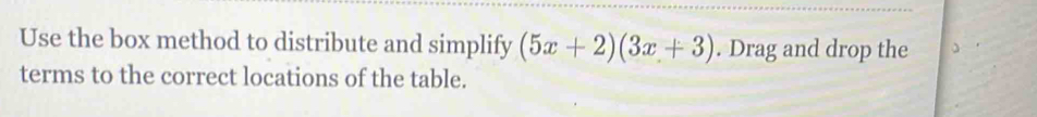 Use the box method to distribute and simplify (5x+2)(3x+3). Drag and drop the 
terms to the correct locations of the table.