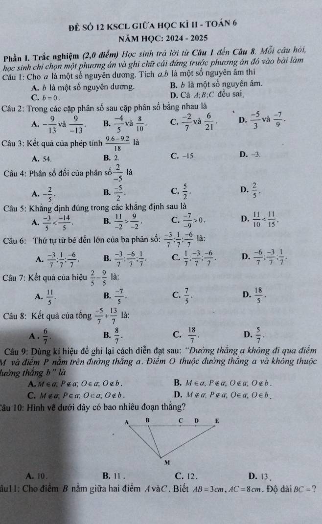 Đẻ Số 12 kSCL giữa học kỉ II - toán 6
NăM HQC: 2024 - 2025
Phần I. Trắc nghiệm (2,0 điểm) Học sinh trả lời từ Câu 1 đến Câu 8. Mỗi câu hỏi,
học sinh chi chọn một phương án và ghi chữ cái đứng trước phương án đô vào bài làm
Câu 1: Cho # là một số nguyên dương. Tích a.b là một số nguyên âm thi
A. 6 là một số nguyên dương. B. 6 là một số nguyên âm.
C. b=0.
D. Cả A; B;C đều sai
Câu 2: Trong các cặp phân số sau cặp phân số bằng nhau là
A. - 9/13  và  9/-13 . B.  (-4)/5  và  8/10 . C.  (-2)/7  và  6/21 . D.  (-5)/3  và  (-7)/9 .
Câu 3: Kết quả của phép tính  (9.6-9.2)/18 
A. 54. B. 2. C. -15. D. -3.
Câu 4: Phân số đối của phân số  2/-5  là
A. - 2/5 . B.  (-5)/2 . C.  5/2 . D.  2/5 .
*  Câu 5: Khẳng định đúng trong các khẳng định sau là
A.  (-3)/5  B.  11/-2 > 9/-2 . C.  (-7)/-9 >0. D.  11/10 
Câu 6: Thứ tự từ bé đến lớn của ba phân số:  (-3)/7 : 1/7 : (-6)/7  là:
A.  (-3)/7 : 1/7 : (-6)/7 . B.  (-3)/7 ; (-6)/7 ; 1/7 . C.  1/7 : (-3)/7 : (-6)/7 . D.  (-6)/7 ; (-3)/7 ; 1/7 .
* Câu 7: Kết quả của hiệu  2/5 - 9/5  là:
A.  11/5 . B.  (-7)/5 . C.  7/5 . D.  18/5 .
Câu 8: Kết quả của tổng  (-5)/7 + 13/7  là:
A .  6/7 . B.  8/7 . C.  18/7 . D.  5/7 .
Câu 9: Dùng kí hiệu để ghi lại cách diễn đạt sau: “Đường thắng a không đi qua điểm
Mộvà điểm P nằm trên đường thắng a. Điểm O thuộc đường thắng a và không thuộc
lường thắng b '' là
A. M∈ a, P∉ a;O∈ a;O∉ b. B. M∈ a; P ∉ a,O :a;O∉ b.
C. M ∉ a. P∈ a;O∈ a;O∉ b. D. M∉ a; P ∉ α, O∈ a,O∈ b.
Câu 10: Hình vẽ dưới đây có bao nhiêu đoạn thắng?
A. 10 . B. 11 . C. 12 . D. 13 ,
ầu11: Cho điểm B nằm giữa hai điểm AvàC. Biết AB=3cm,AC=8cm. Độ dài BC=