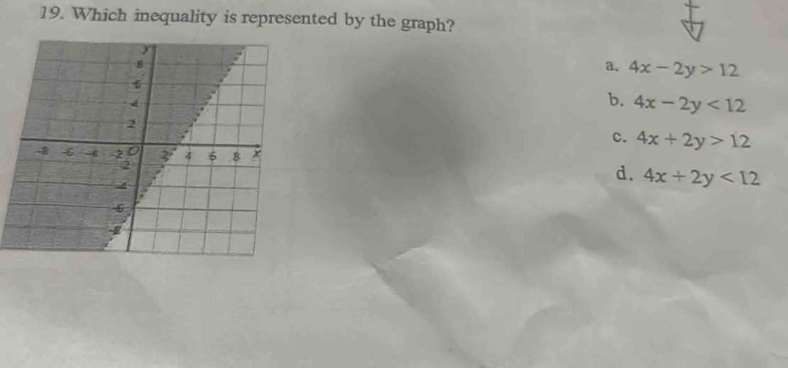 Which inequality is represented by the graph?
a. 4x-2y>12
b. 4x-2y<12</tex>
c. 4x+2y>12
d. 4x+2y<12</tex>