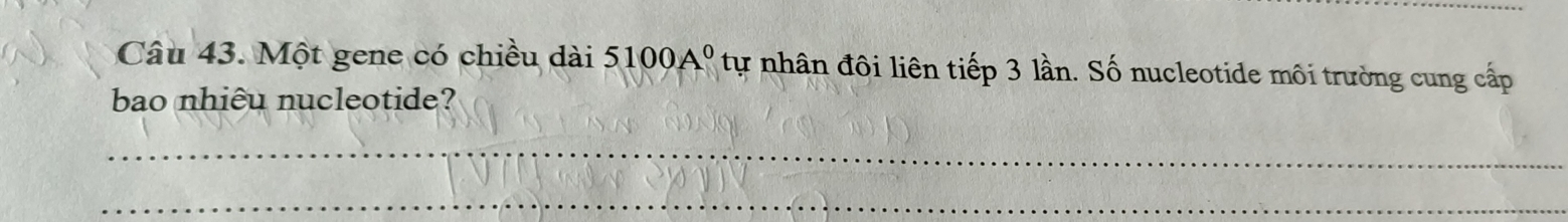 Một gene có chiều dài 5100A^0 tự nhân đôi liên tiếp 3 lần. Số nucleotide môi trường cung cấp 
bao nhiêu nucleotide? 
_ 
_
