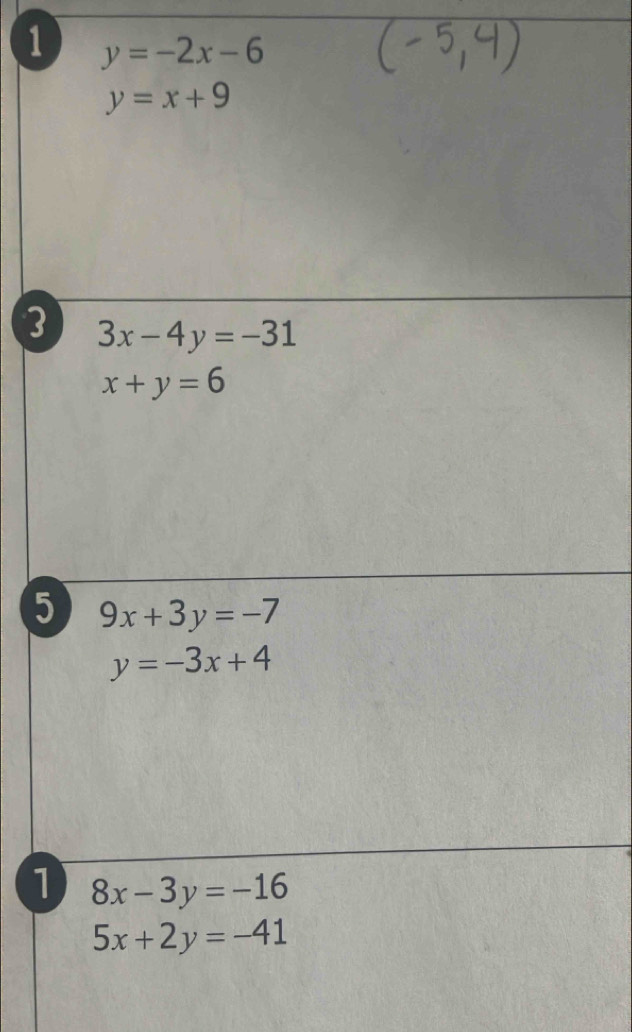 1 y=-2x-6
y=x+9
3 3x-4y=-31
x+y=6
5 9x+3y=-7
y=-3x+4
1 8x-3y=-16
5x+2y=-41