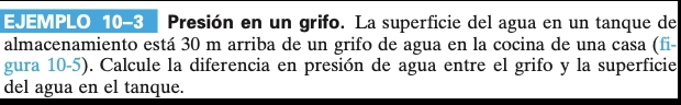 EJEMPLO 10-3 Presión en un grifo. La superficie del agua en un tanque de 
almacenamiento está 30 m arriba de un grifo de agua en la cocina de una casa (fi- 
gura 10-5). Calcule la diferencia en presión de agua entre el grifo y la superficie 
del agua en el tanque.