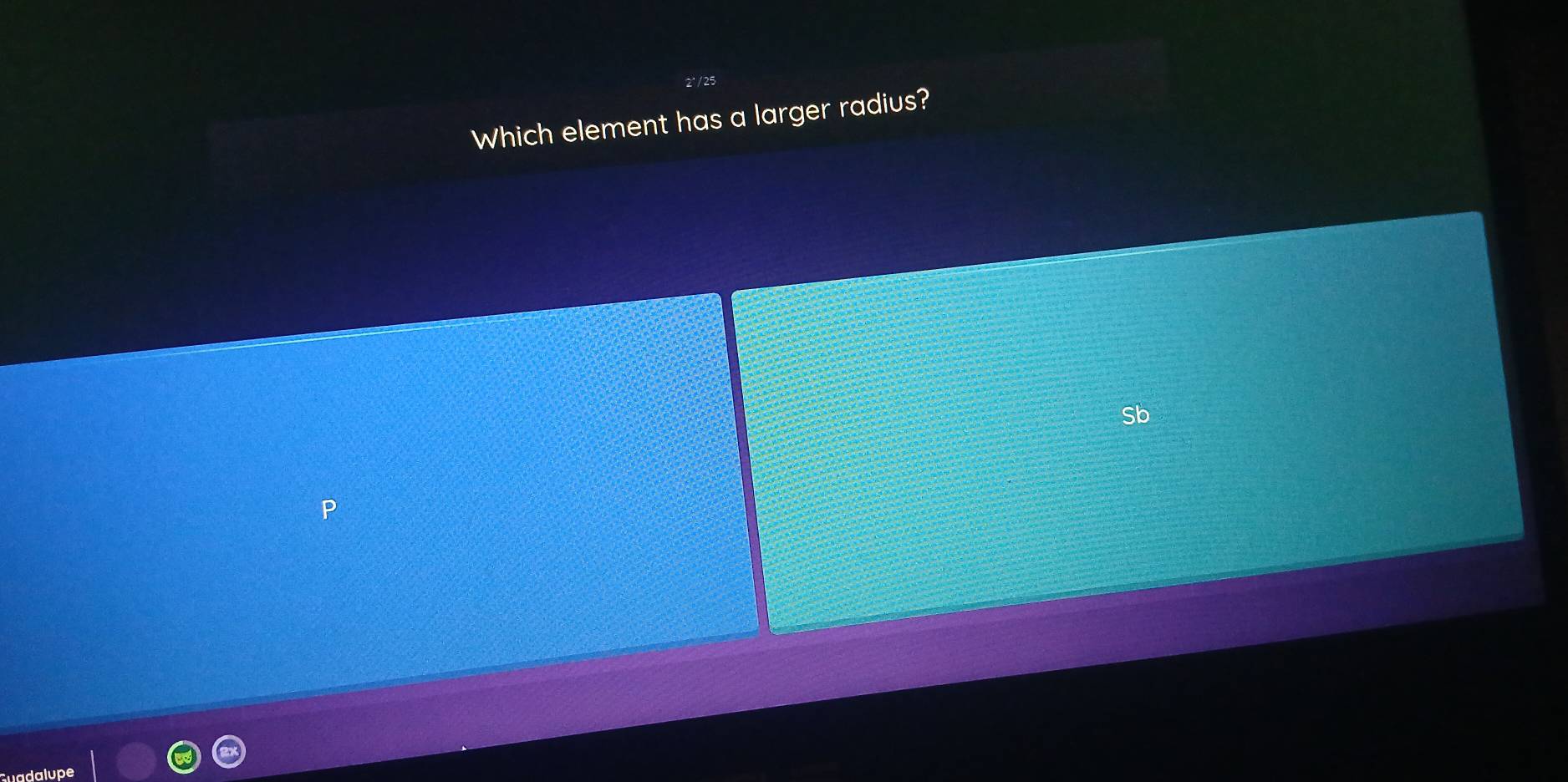 Which element has a larger radius? 
Sb 
Guadalupe