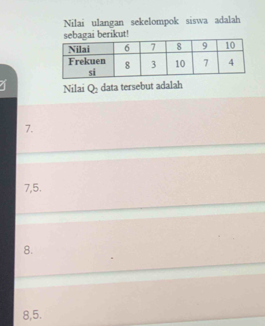 Nilai ulangan sekelompok siswa adalah
sebagai berikut!
Nilai Q_2 data tersebut adalah
7.
7, 5.
8.
8, 5.