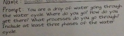 Name: scardan tes 
Prompt: You are a drop of water going through 
the water cycle. Where do you go? How do you 
get there? What processes do you go through? 
Include at least three phases of the water 
cycle.