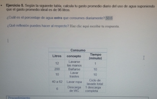 Según la siguiente tabla, calcula tu gasto promedio diario del uso de agua suponiendo 
que el gasto promedio ideal es de 96 litros. 
¿Cuál es el porcentaje de agua extra que consumes dianiamente? 50.6
¿Qué reflexión puedes hacer al respecto? Haz clic aquí escribir tu respuesta. 
Procedimiento