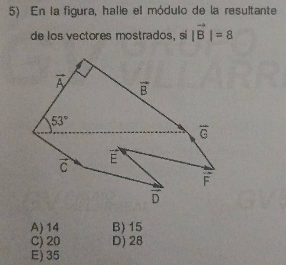 En la figura, halle el módulo de la resultante
de los vectores mostrados, si |vector B|=8
A) 14 B) 15
C) 20 D) 28
E) 35