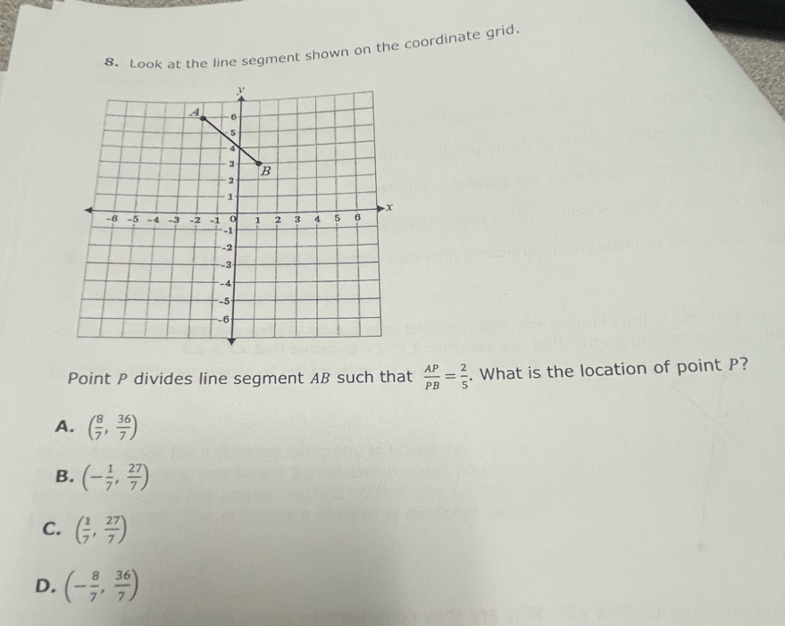 Look at the line segment shown on the coordinate grid.
Point P divides line segment AB such that  AP/PB = 2/5 . What is the location of point P?
A. ( 8/7 , 36/7 )
B. (- 1/7 , 27/7 )
C. ( 1/7 , 27/7 )
D. (- 8/7 , 36/7 )