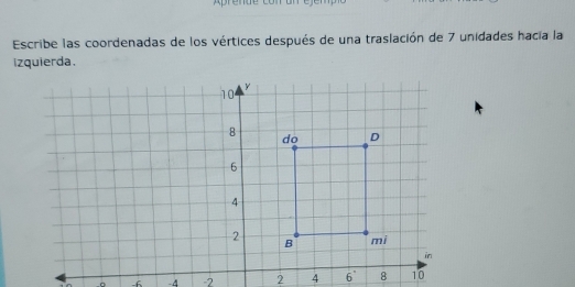 Aprende con un ejempio 
Escribe las coordenadas de los vértices después de una traslación de 7 unidades hacía la 
izquierda. 
-。 -2