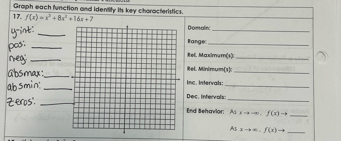 Graph each function and identify its key characteristics.
17. f(x)=x^3+8x^2+16x+7
Domain:_
_
_
Range:_
_
Rel. Maximum(s):_
_
Rel. Minimum(s):_
_
_
Inc. Intervals:
_
Dec. Intervals:
_
End Behavior: As xto -∈fty , f(x)to _
As xto ∈fty , f(x) _