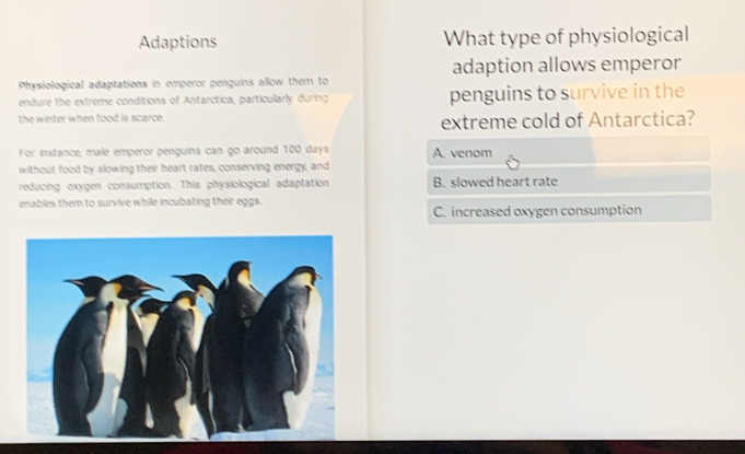 Adaptions What type of physiological
adaption allows emperor
Physiological adaptations in emperor penguins allow them to
endure the extreme conditions of Antarctica, particularly during penguins to survive in the
the winter when food is scarce. extreme cold of Antarctica?
For instance, male emperor penguins can go around 100 days A. venom
without food by slowing their heart rates, conserving energy, and
reducing oxygen consumption. This physiological adaptation B. slowed heart rate
enables them to survive while incubating their eggs.
C. increased oxygen consumption