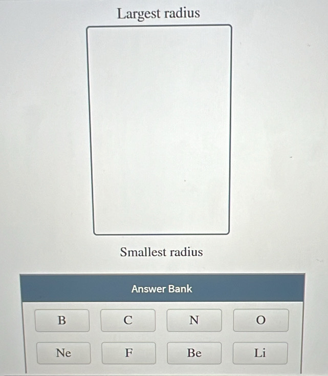 Answer Bank 
B
C N 
Ne F Be Li