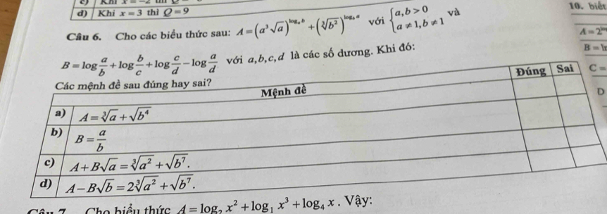 Khi x=3 thì Q=9 10. biết
Cầu 6. Cho các biểu thức sau: A=(a^3sqrt(a))^log _ab+(sqrt[3](b^2))^log _ba với beginarrayl a,b>0 a!= 1,b!= 1endarray. và
A=2^(kn)
với a,b,c,d là các số dương. Khi đó:
B=h
D
Cho biểu thức A=log _2x^2+log _1x^3+log _4x