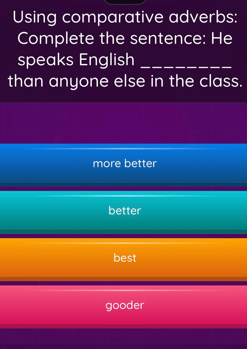 Using comparative adverbs:
Complete the sentence: He
speaks English_
than anyone else in the class.
more better
better
best
gooder