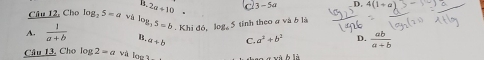 B. 2g<10</tex> C 3 -5
Câu 12, Cho log _25=a vú log _35=b : Khi đó, log, 5 tinh theo ở và b là
A.  1/a+b  B a+b C. a^2+b^2 D.  ab/a+b 
Câu 13, Cho log 2=a và lov3
q a xà b li