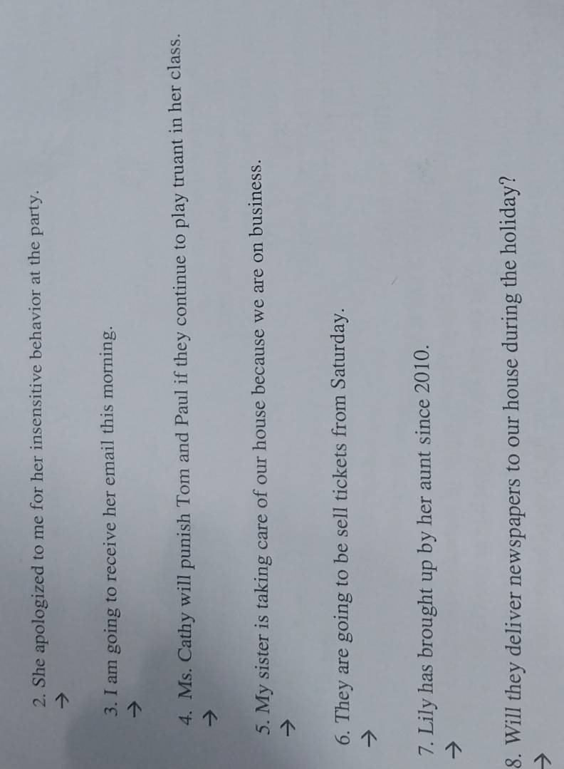 She apologized to me for her insensitive behavior at the party. 
3. I am going to receive her email this morning. 
4. Ms. Cathy will punish Tom and Paul if they continue to play truant in her class. 
5. My sister is taking care of our house because we are on business. 
6. They are going to be sell tickets from Saturday. 
7. Lily has brought up by her aunt since 2010. 
8. Will they deliver newspapers to our house during the holiday?
