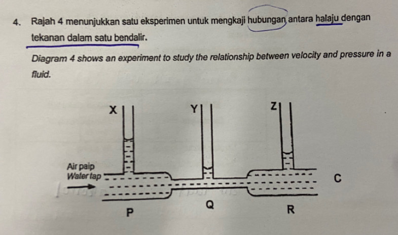 Rajah 4 menunjukkan satu eksperimen untuk mengkaji hubungan antara halaju dengan 
tekanan dalam satu bendalir. 
Diagram 4 shows an experiment to study the relationship between velocity and pressure in a 
fluid.