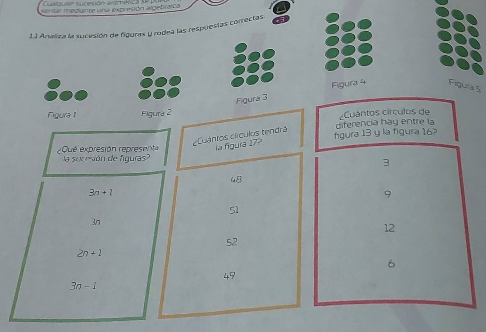 Cualquier sucesión aritmética se pu 
sentar mediante una expresión algebráica 
11 Analiza la sucesión de figuras y rodea las respuestas correctas. 
Figura 4 
Figura 5 
Figura 3 
Figura 1 Figura 2 
¿Cuántos círculos de 
diferencia hay entre la 
figura 13 y la figura 16> 
cuántos círculos tendrá 
¿Qué expresión representa 
la figura 17? 
la sucesión de figuras?
3
48
3n+1
9
51
3n
12
52
2n+1
6
49
3n-1