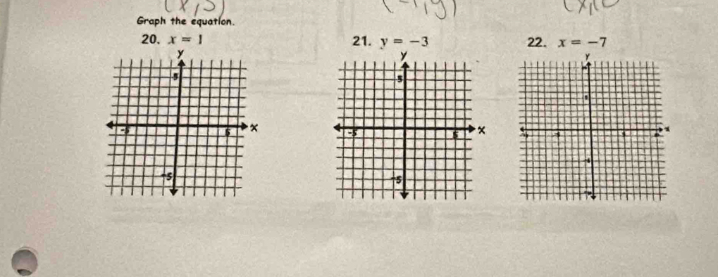 Graph the equatlon. 
20. x=1 21. y=-3 22. x=-7