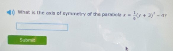 What is the axis of symmetry of the parabola x= 1/9 (y+3)^2-4 ? 
Submit