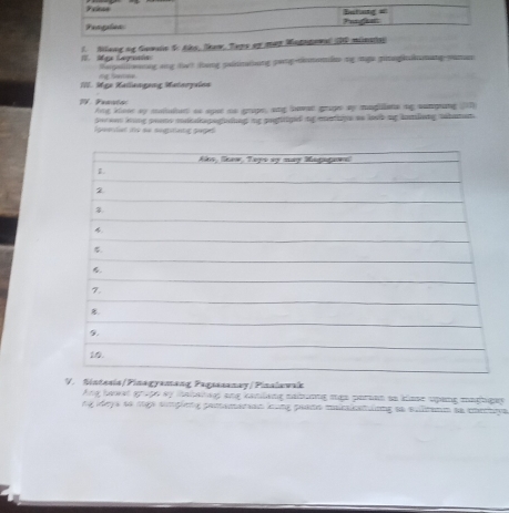 Mga Cap 1. Nang og Goesin 5: tho, Sew. Teps ay may Ma 
Berpelllaning ng de? tong paininting parp-denenan ing mge pinngiimang paman 
II. Mge Kallangeng Materyaíes ng Semee 
Ang klese ay maudian) as spet as grupe, ang Suvan grape my magilans ng sumping (1 
Sorie king poens makakagaging mg gegiped tg metane ao losk mg iomlinng sabemet 
(guantiet io so seghtinng gaged 
V. Sintesía/Pinagyamang Pagsasanay/Pinalawak 
Ang beoket g u go b a atng ang cateng nadnng mgp paraen in kme speng maghgy 
ng ídeya se mga síngleng ponemeran lùng paato maicaiatuünng se suilcanm se coectpa