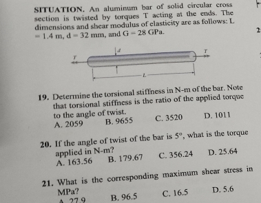Solved: SITUATION. An aluminum bar of solid circular cross section is ...