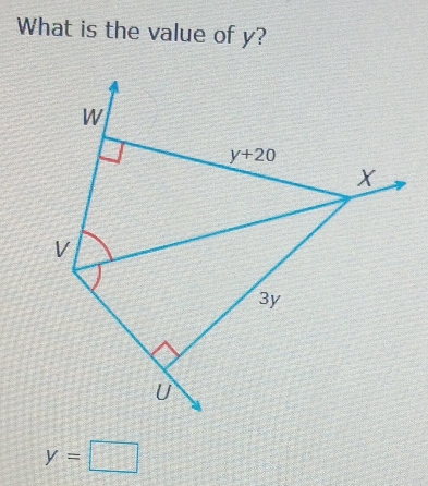 What is the value of y?
W
y+20
X
V
3y
U
y=□