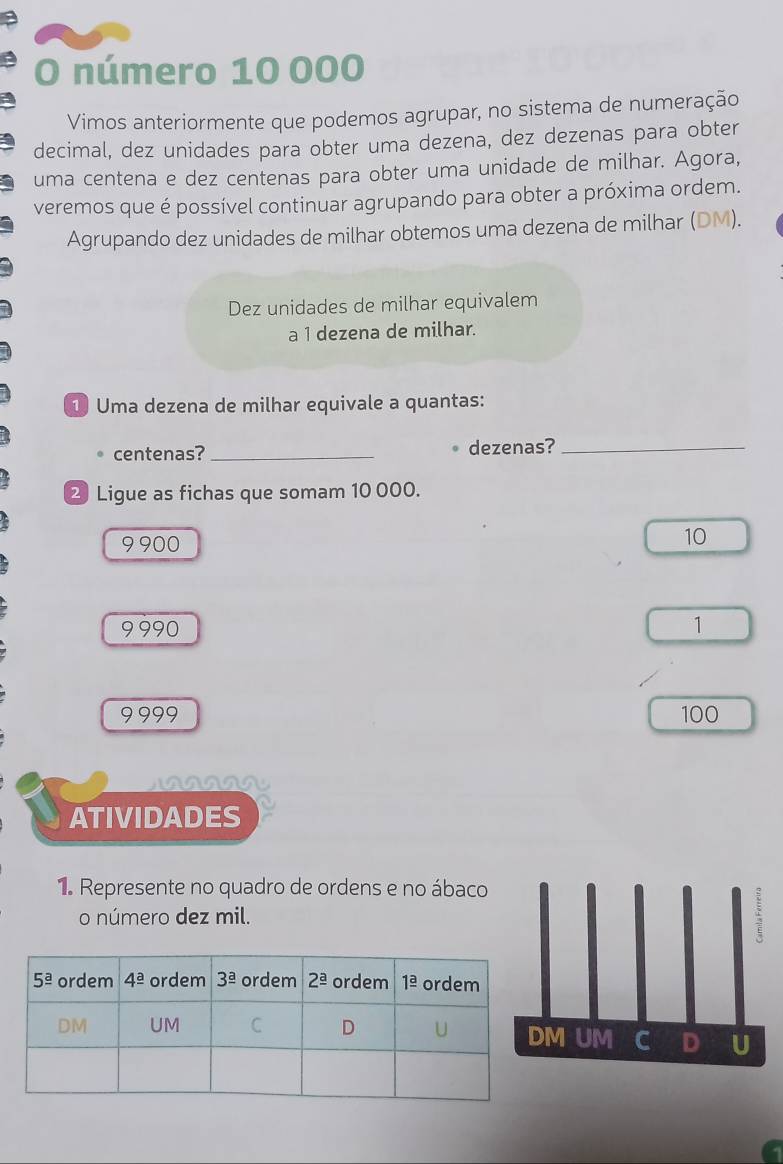 número 10 000
Vimos anteriormente que podemos agrupar, no sistema de numeração
decimal, dez unidades para obter uma dezena, dez dezenas para obter
uma centena e dez centenas para obter uma unidade de milhar. Agora,
veremos que é possível continuar agrupando para obter a próxima ordem.
Agrupando dez unidades de milhar obtemos uma dezena de milhar (DM).
Dez unidades de milhar equivalem
a 1 dezena de milhar.
1) Uma dezena de milhar equivale a quantas:
centenas? _dezenas?_
2 Ligue as fichas que somam 10 000.
9900
10
9990 1
9999 100
ATIVIDADES
1. Represente no quadro de ordens e no ábaco
o número dez mil. ζ
M UM C D U