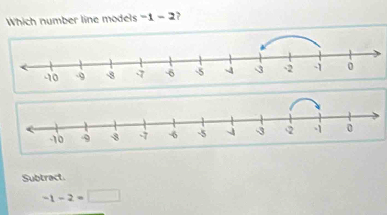 Which number line models -1-2 ,
Subtract.
-1-2=□