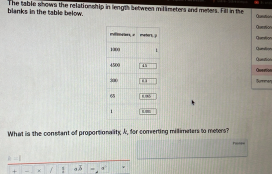 The table shows the relationship in length between millimeters and meters. Fill in the 
blanks in the table below. Question 
Question 
Question 
Question 
Question 
Question 
Summan 
What is the constant of proportionality, k, for converting millimeters to meters? 
Preview
k=l
+ × /  a/b  a. overline b = a°