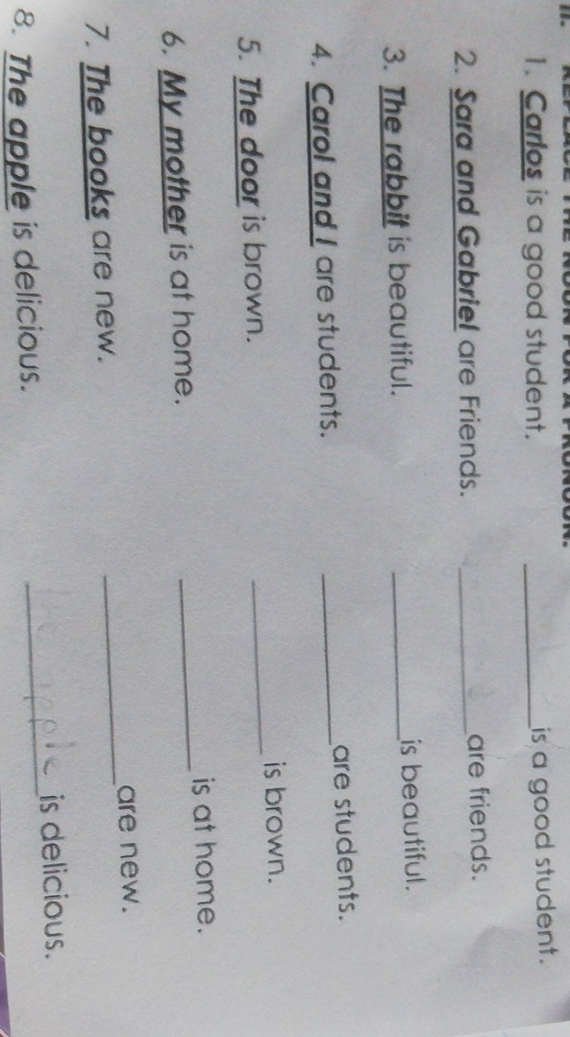 Carlos is a good student._ 
is a good student. 
2. Sara and Gabriel are Friends. _are friends. 
3. The rabbit is beautiful. _is beautiful. 
4. Carol and I are students. _are students. 
is brown. 
5. The door is brown. 
_ 
_ 
is at home. 
6. My mother is at home. 
_ 
are new. 
7. The books are new. 
is delicious. 
8. The apple is delicious. 
_