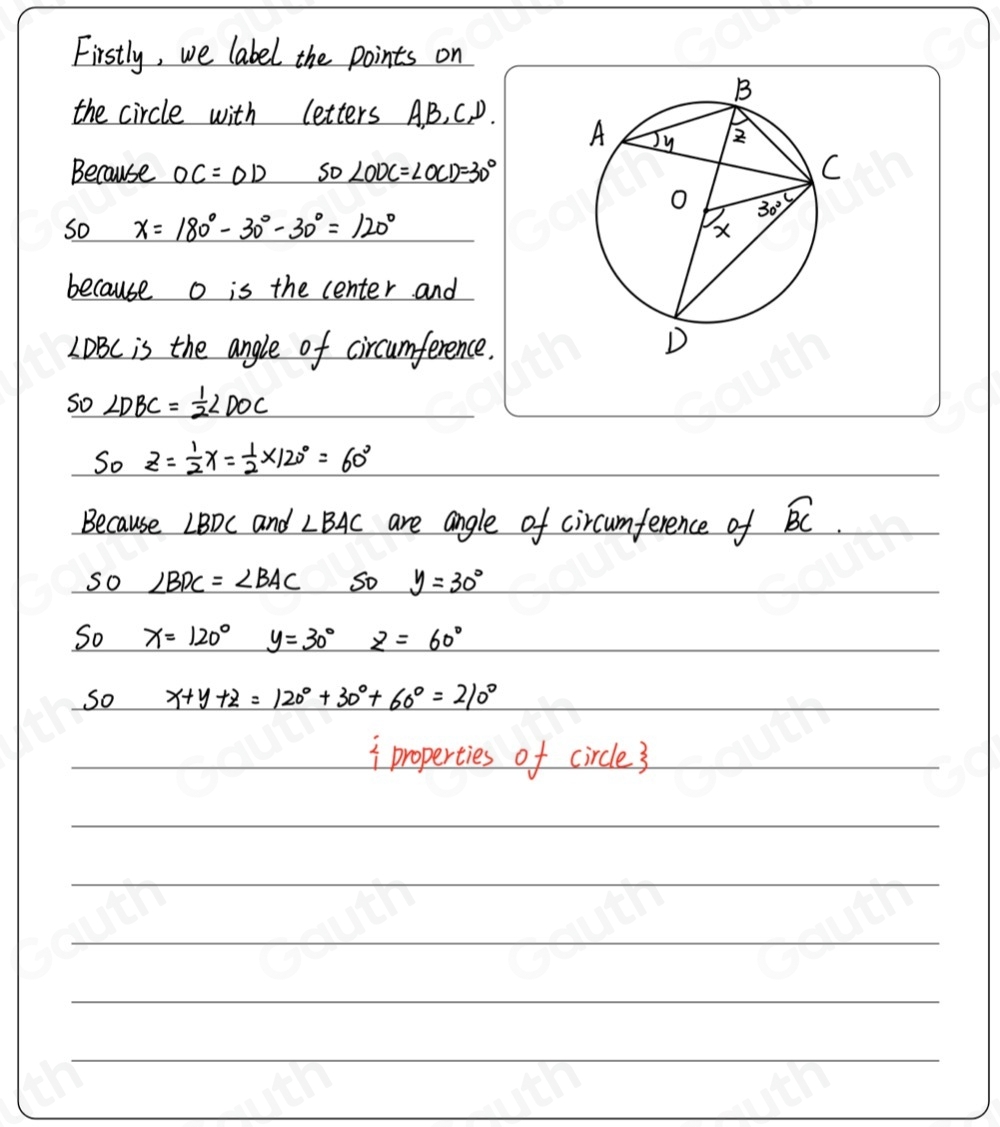 Firstly, we label the points on 
the circle with letters AB, C. D. 
Because OC=OD So ∠ ODC=∠ OCD=30°
so x=180°-30°-30°=120°
because o is the center and
LDBC is the angle of circumference. 
So ∠ DBC= 1/2 ∠ DOC
So z= 1/2 x= 1/2 * 120°=60°
Because ∠ BDC and ∠ BAC are angle of circumference of widehat BC. 
So ∠ BDC=∠ BAC So y=30°
So x=120° y=30° z=60°
So x+y+z=120°+30°+60°=210°
1 properties of circle3